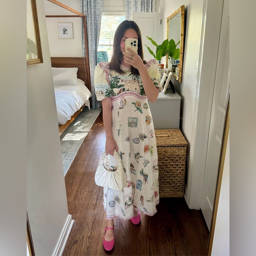 Alemais Cream Botanical-Print Midi Dress with Pink Accents
